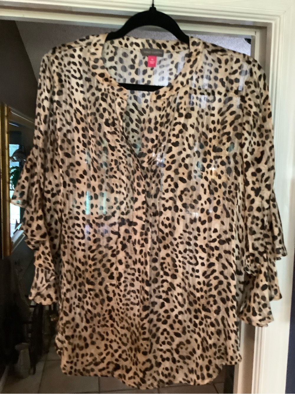 Vince Camuto Leopard Print Ruffle Sleeve Blouse - Tan/Black